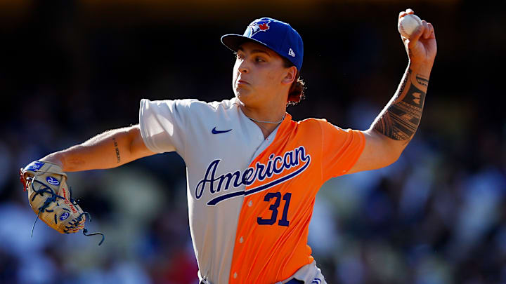 Toronto Blue Jays prospect Ricky Tiedemann throws a pitch during the 2022 All-Star Futures Game.