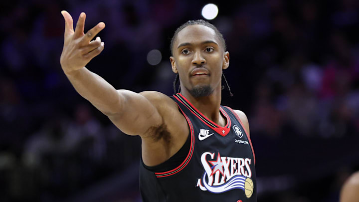 Dec 20, 2025; Philadelphia, Pennsylvania, USA; Philadelphia 76ers guard Tyrese Maxey (0) reacts to his three point score against the Dallas Mavericks during the fourth quarter at Xfinity Mobile Arena. Mandatory Credit: Bill Streicher-Imagn Images