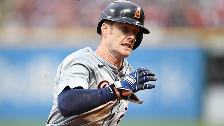 Former Detroit Tigers left fielder Mark Canha (21) rounds third base en route to scoring during the sixth inning against the Cleveland Guardians at Progressive Field.