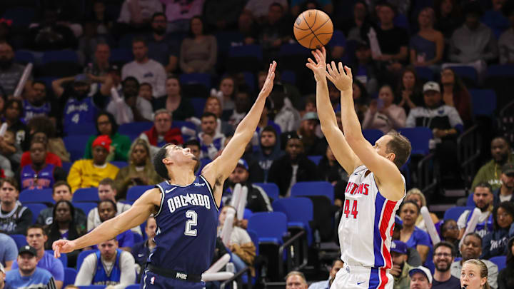 Dec 8, 2023; Orlando, Florida, USA; Detroit Pistons forward Bojan Bogdanovic (44) shoots