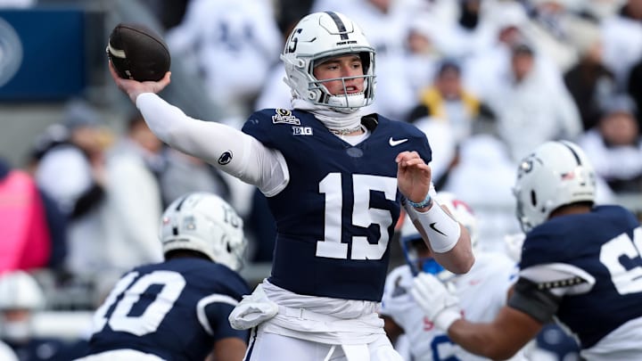 Penn State Nittany Lions quarterback Drew Allar throws a pass during the first quarter against the SMU Mustangs in the first round of the College Football Playoff at Beaver Stadium. 