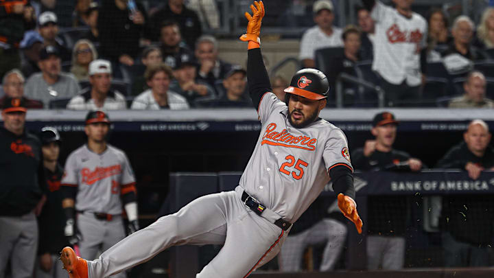 Sep 24, 2024; Bronx, New York, USA;  Baltimore Orioles right fielder Anthony Santander (25) scores a run during the fourth inning against the New York Yankees at Yankee Stadium. 