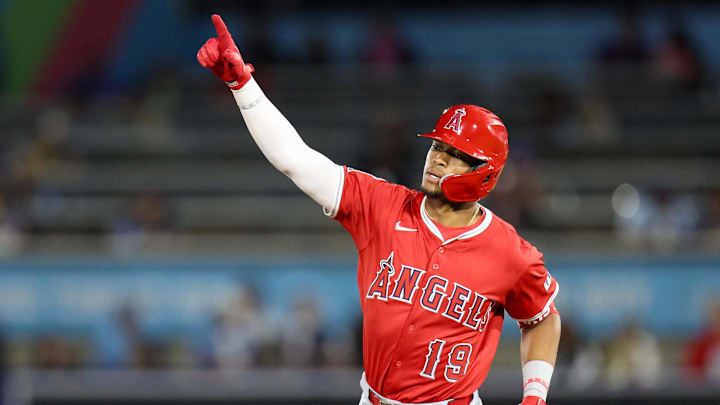 Los Angeles Angels center fielder Kyren Paris (19) runs the bases after hitting a home run against the Tampa Bay Rays in the eighth inning at George M. Steinbrenner Field. 
