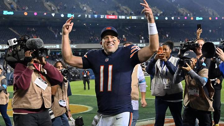 Chicago Bears QB Case Keenum celebrates after a win at Soldier Field. Mandatory Credit: Patrick Gorski-Imagn Images Chicago Bears QB Case Keenum celebrates after a win at Soldier Field. Mandatory Credit: Patrick Gorski-Imagn Images