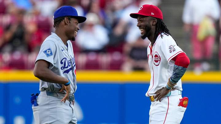 Los Angeles Dodgers right fielder Josue de Paula (95) and Cincinnati Reds shortstop Elly De La Cruz (44) chat before the first inning of the MLB National League game between the Cincinnati Reds and the Los Angeles Dodgers at Great American Ball Park in Cincinnati on Monday, Sept. 14, 2026. Los Angeles Dodgers right fielder Josue de Paula (95) and Cincinnati Reds shortstop Elly De La Cruz (44) chat before the first inning of the MLB National League game between the Cincinnati Reds and the Los Angeles Dodgers at Great American Ball Park in Cincinnati on Monday, Sept. 14, 2026.