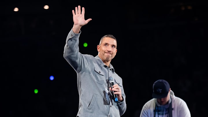 First-year Penn State football head coach Matt Campbell waves to the crowd during a Big Ten wrestling dual meet against Nebraska on January 30, 2026, in State College. First-year Penn State football head coach Matt Campbell waves to the crowd during a Big Ten wrestling dual meet against Nebraska on January 30, 2026, in State College.