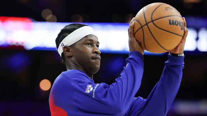 Oct 5, 2026; Philadelphia, Pennsylvania, USA; Philadelphia 76ers guard Vj Edgecombe (77) warms up against the New York Knicks at Xfinity Mobile Arena. Mandatory Credit: Bill Streicher-Imagn Images