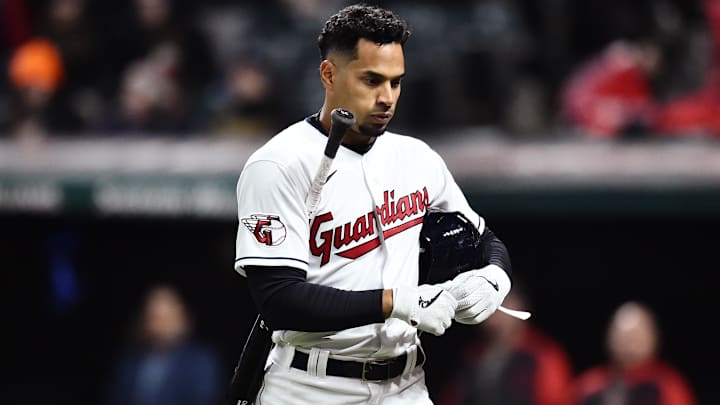 Apr 16, 2022: Cleveland Guardians pinch hitter Oscar Mercado (35) walks back to the dugout after striking out during the ninth inning against the San Francisco Giants at Progressive Field.