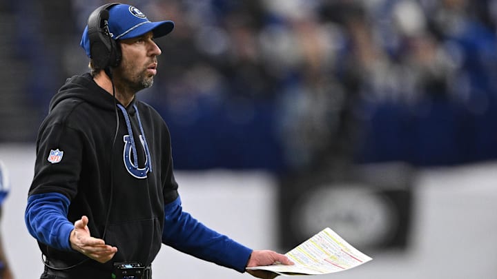 Jan 5, 2025; Indianapolis, Indiana, USA; Indianapolis Colts head coach Shane Steichen reacts to a call during the second half against the Jacksonville Jaguars at Lucas Oil Stadium. Mandatory Credit: Marc Lebryk-Imagn Images