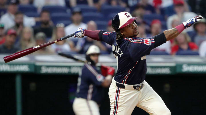 Cleveland Guardians third baseman Jose Ramirez watches his base hit during the seventh inning of an MLB game at Progressive Field, Tuesday, June 18, 2024, in Cleveland, Ohio. Cleveland Guardians third baseman Jose Ramirez watches his base hit during the seventh inning of an MLB game at Progressive Field, Tuesday, June 18, 2024, in Cleveland, Ohio.