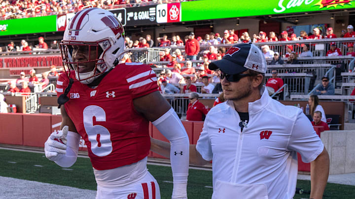 Wisconsin cornerback Xavier Lucas (6) is escorted by a member of the training staff during the fourth quarter of their game against South Dakota Saturday, September 7 , 2024 at Camp Randall Stadium in Madison, Wisconsin. Wisconsin cornerback Xavier Lucas (6) is escorted by a member of the training staff during the fourth quarter of their game against South Dakota Saturday, September 7 , 2024 at Camp Randall Stadium in Madison, Wisconsin.