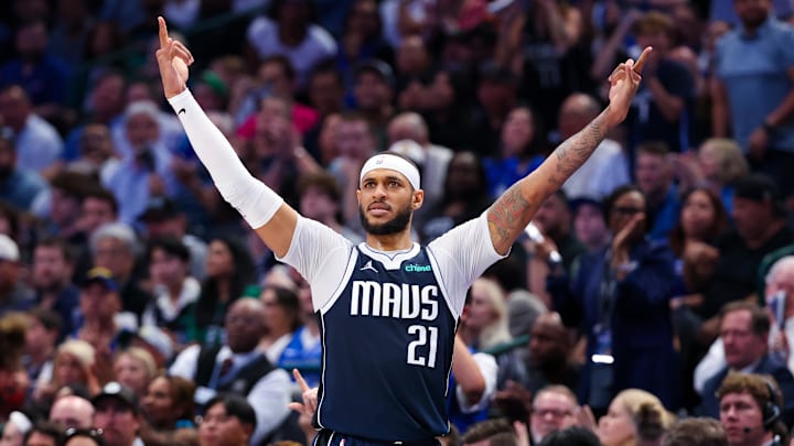 Apr 5, 2024; Dallas, Texas, USA;  Dallas Mavericks center Daniel Gafford (21) reacts during the