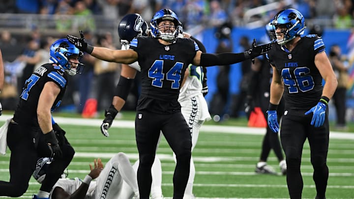 Sep 30, 2024; Detroit, Michigan, USA;  Detroit Lions linebacker Malcolm Rodriguez (44) celebrates after sacking Seattle Seahawks quarterback Geno Smith (7) in the second quarter at Ford Field. Mandatory Credit: Lon Horwedel-Imagn Images