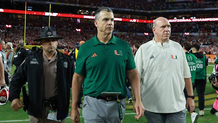 Jan 19, 2026; Miami Gardens, FL, USA; Miami Hurricanes head coach Mario Cristobal reacts after the College Football Playoff National Championship game at Hard Rock Stadium. Mandatory Credit: Mark J. Rebilas-Imagn Images