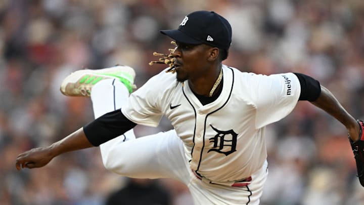 Aug 9, 2025; Detroit, Michigan, USA;  Detroit Tigers pitcher Rafael Montero (99) throws a pitch against the Los Angeles Angels in the sixth inning at Comerica Park. Mandatory Credit: Lon Horwedel-Imagn Images