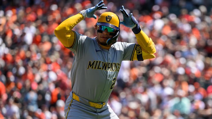 Apr 14, 2024; Baltimore, Maryland, USA; Milwaukee Brewers catcher William Contreras (24) celebrates