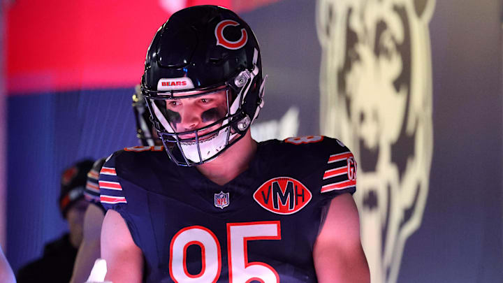 Dec 20, 2025; Chicago, Illinois, USA; Chicago Bears tight end Cole Kmet (85) takes the field before the game against the Green Bay Packers at Soldier Field. Mandatory Credit: Mike Dinovo-Imagn Images