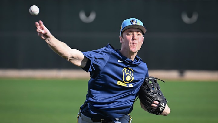Milwaukee Brewers pitcher Jacob Misiorowski throws in the outfield during spring training workouts Sunday, February 15, 2026, at American Family Fields of Phoenix in Phoenix, Arizona.