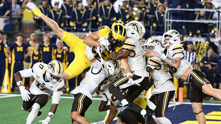 Sep 5, 2026; Ann Arbor, Michigan, USA; Michigan wide receiver JJ Buchanan (6) catches a Hail Mary pass for a touchdown with no time on the clock to beat Western Michigan at Michigan Stadium. Mandatory Credit: Lon Horwedel-Imagn Images Sep 5, 2026; Ann Arbor, Michigan, USA; Michigan wide receiver JJ Buchanan (6) catches a Hail Mary pass for a touchdown with no time on the clock to beat Western Michigan at Michigan Stadium. Mandatory Credit: Lon Horwedel-Imagn Images