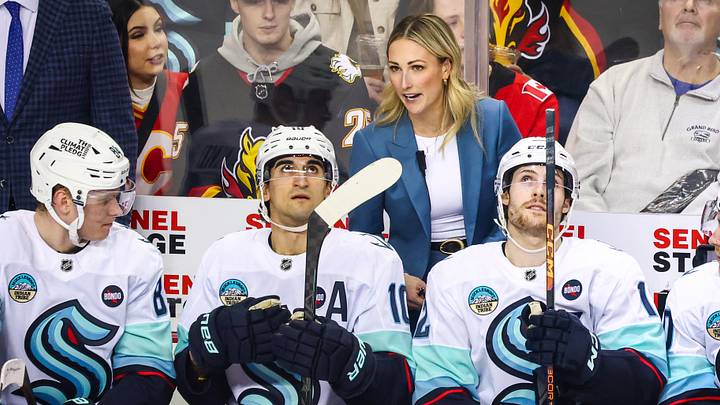 Seattle Kraken assistant coach Jessica Campbell on her bench during the first period against the Calgary Flames at Scotiabank Saddledome. Mandatory Credit: Sergei Belski-Imagn Images Seattle Kraken assistant coach Jessica Campbell on her bench during the first period against the Calgary Flames at Scotiabank Saddledome. Mandatory Credit: Sergei Belski-Imagn Images