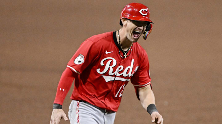 Sep 8, 2025; San Diego, California, USA; Cincinnati Reds left fielder Austin Hays (12) celebrates after hitting a solo home run during the sixth inning against the San Diego Padres at Petco Park. Mandatory Credit: Denis Poroy-Imagn Images Sep 8, 2025; San Diego, California, USA; Cincinnati Reds left fielder Austin Hays (12) celebrates after hitting a solo home run during the sixth inning against the San Diego Padres at Petco Park. Mandatory Credit: Denis Poroy-Imagn Images