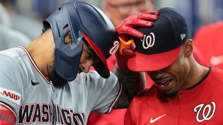Washington Nationals second baseman Luis Garcia Jr. (left) celebrates with shortstop Nasim Nunez (right) after hitting a home run against the Miami Marlins during the second inning at loanDepot Park. 