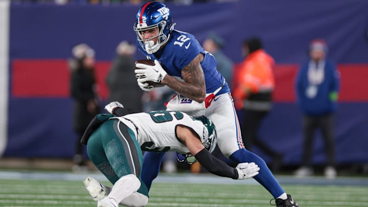 Jan 7, 2024; East Rutherford, New Jersey, USA; New York Giants tight end Darren Waller (12) is