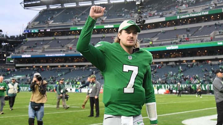 Dec 29, 2024; Philadelphia, Pennsylvania, USA; Philadelphia Eagles quarterback Kenny Pickett (7) walks off the field after win against the Dallas Cowboys at Lincoln Financial Field. Mandatory Credit: Eric Hartline-Imagn Images