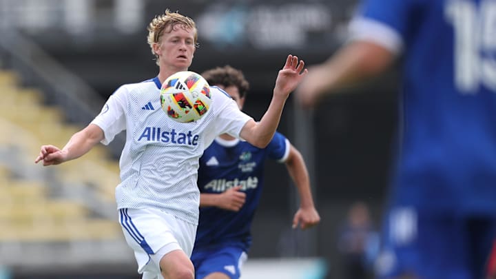 MLS NEXT East midfielder Colin Guske of Orlando City SC (10) controls the ball  