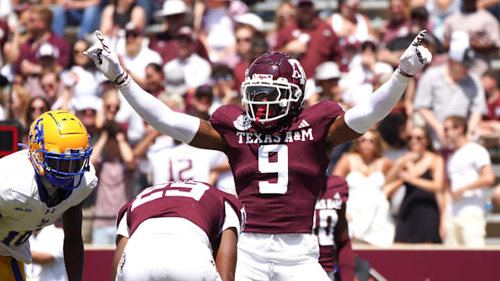 Sep 7, 2024; College Station, Texas, USA; Texas A&M Aggies defensive back Trey Jones III (9) reacts to a play during the fourth quarter against the McNeese State Cowboys at Kyle Field. Mandatory Credit: Dustin Safranek-Imagn Images
