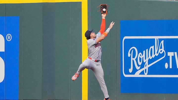 Jun 13, 2026; Kansas City, Missouri, USA; Houston Astros right fielder Cam Smith (11) makes a leaping catch on a long fly ball against the Kansas City Royals during the second inning at Kauffman Stadium. Mandatory Credit: Denny Medley-Imagn Images Jun 13, 2026; Kansas City, Missouri, USA; Houston Astros right fielder Cam Smith (11) makes a leaping catch on a long fly ball against the Kansas City Royals during the second inning at Kauffman Stadium. Mandatory Credit: Denny Medley-Imagn Images
