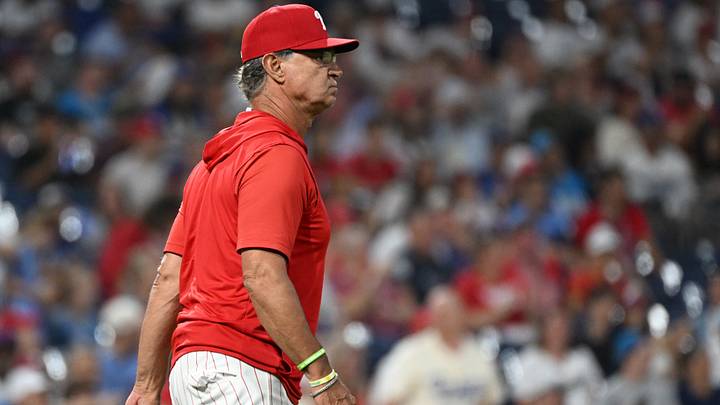 Jul 20, 2026; Philadelphia, Pennsylvania, USA; Philadelphia Phillies interim manager Don Mattingly (8) walks to the mound to make a change during the ninth inning against the Los Angeles Dodgers at Citizens Bank Park. Mandatory Credit: Eric Hartline-Imagn Images