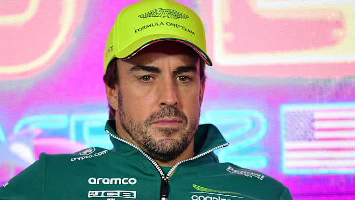 Nov 15, 2023; Las Vegas, Nevada, USA; Aston Martin driver Fernando Alonso of Spain during media