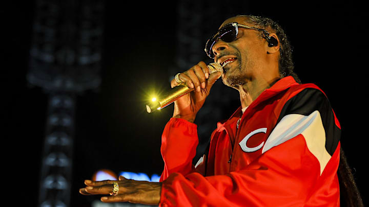 Aug 11, 2025; Cincinnati, Ohio, USA; Snoop Dogg performs after the game between the Philadelphia Phillies and the Cincinnati Reds at Great American Ball Park. Mandatory Credit: Katie Stratman-Imagn Images