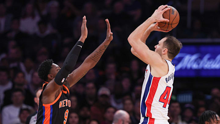 Nov 11, 2022; New York, New York, USA; Detroit Pistons forward Bojan Bogdanovic (44) shoots the ball