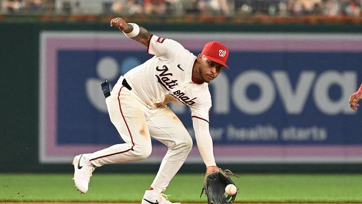 Jul 27, 2026; Washington, District of Columbia, USA; Washington Nationals third baseman Jorbit Vivas (84) fields a ground ball against the Toronto Blue Jays during the eighth at Nationals Park. Mandatory Credit: Rafael Suanes-Imagn Images Jul 27, 2026; Washington, District of Columbia, USA; Washington Nationals third baseman Jorbit Vivas (84) fields a ground ball against the Toronto Blue Jays during the eighth at Nationals Park. Mandatory Credit: Rafael Suanes-Imagn Images