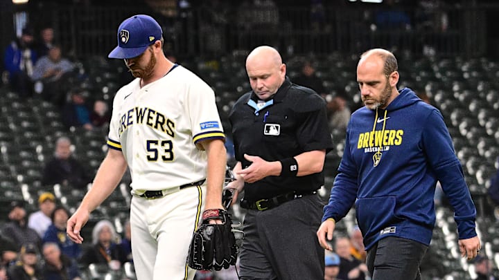 Apr 30, 2026; Milwaukee, Wisconsin, USA;  Milwaukee Brewers starting pitcher Brandon Woodruff (53) walks off the mound with an injury in the second inning against the Arizona Diamondbacks at American Family Field. Mandatory Credit: Benny Sieu-Imagn Images