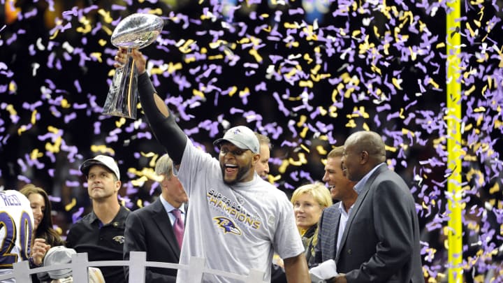 Feb 3, 2013; New Orleans, LA, USA; Baltimore Ravens inside linebacker Ray Lewis celebrates with the Vince Lombardi Trophy after defeating the San Francisco 49ers in Super Bowl XLVII at the Mercedes-Benz Superdome. Mandatory Credit: Robert Deutsch-USA TODAY Sports