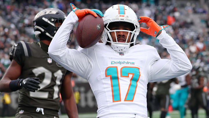 Miami Dolphins wide receiver Jaylen Waddle (17) reacts after making a catch for a touchdown against the New York Jets during the first half at MetLife Stadium last December.