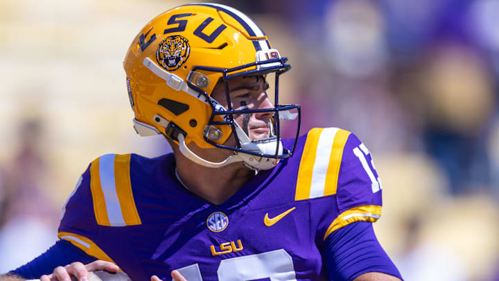 Sep 21, 2024; Baton Rouge, Louisiana, USA;  LSU Tigers quarterback Garrett Nussmeier (13) during warmups before a game against the UCLA Bruins at Tiger Stadium. Mandatory Credit: Stephen Lew-Imagn Images
