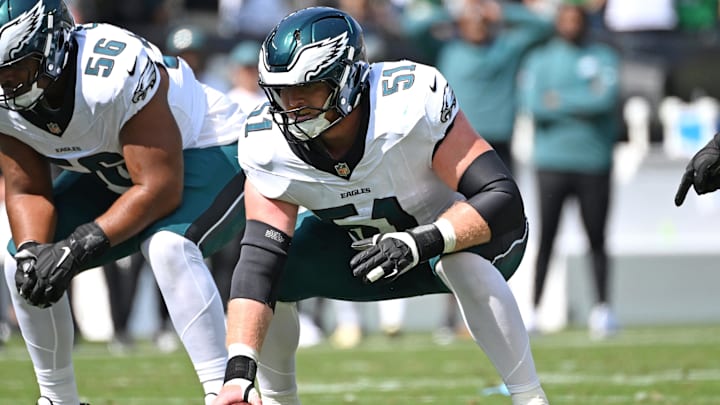Sep 21, 2025; Philadelphia, Pennsylvania, USA;  Philadelphia Eagles center Cam Jurgens (51) against the Los Angeles Rams at Lincoln Financial Field. Mandatory Credit: Eric Hartline-Imagn Images