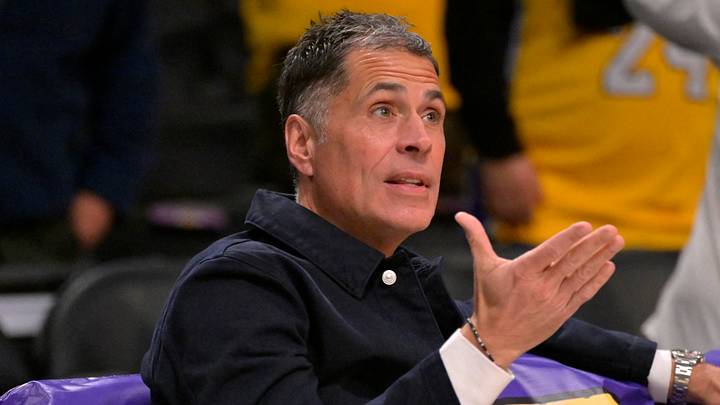 Nov 21, 2024; Los Angeles, California, USA;  Los Angeles Lakers general manager Rob Pelinka looks on as players warm up prior to the game against the Orlando Magic at Crypto.com Arena. Mandatory Credit: Jayne Kamin-Oncea-Imagn Images