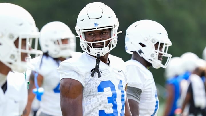 Memphis’ Elijah Herring (31) waits to run a drill during practice at the Billy J. Murphy Athletic Complex at the University of Memphis on Wednesday, July 31, 2024.