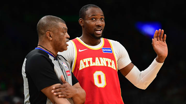 Mar 27, 2026; Boston, Massachusetts, USA; Atlanta Hawks forward Jonathan Kuminga (0) talks with an official during the second half against the Boston Celtics at TD Garden. Mandatory Credit: Bob DeChiara-Imagn Images Mar 27, 2026; Boston, Massachusetts, USA; Atlanta Hawks forward Jonathan Kuminga (0) talks with an official during the second half against the Boston Celtics at TD Garden. Mandatory Credit: Bob DeChiara-Imagn Images