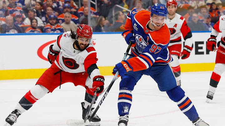 Oct 22, 2026; Edmonton, Alberta, CAN; Edmonton Oilers forward Connor McDavid (97) takes a shot in front of Carolina Hurricanes defensemen Jalen Chatfield (5) during the third period at Rogers Place. Mandatory Credit: Perry Nelson-Imagn Images Oct 22, 2026; Edmonton, Alberta, CAN; Edmonton Oilers forward Connor McDavid (97) takes a shot in front of Carolina Hurricanes defensemen Jalen Chatfield (5) during the third period at Rogers Place. Mandatory Credit: Perry Nelson-Imagn Images