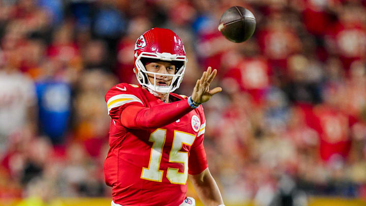 Oct 12, 2025; Kansas City, Missouri, USA; Kansas City Chiefs quarterback Patrick Mahomes (15) throws a pass during the first half against the Detroit Lions at GEHA Field at Arrowhead Stadium. Mandatory Credit: Jay Biggerstaff-Imagn Images