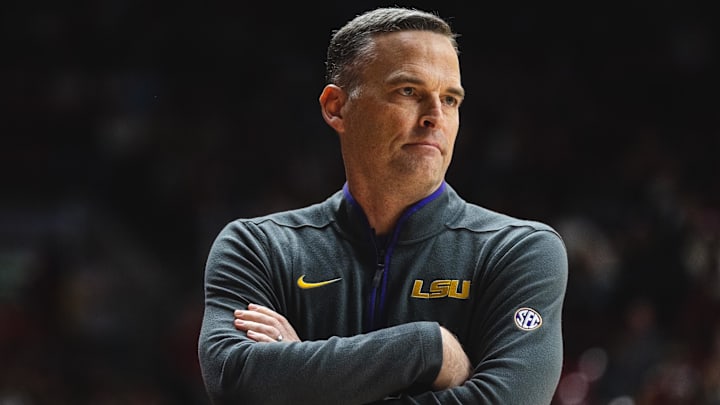 Jan 25, 2025; Tuscaloosa, Alabama, USA; LSU Tigers head coach Matt McMahon looks on during the second half against the Alabama Crimson Tide at Coleman Coliseum. Mandatory Credit: Will McLelland-Imagn Images