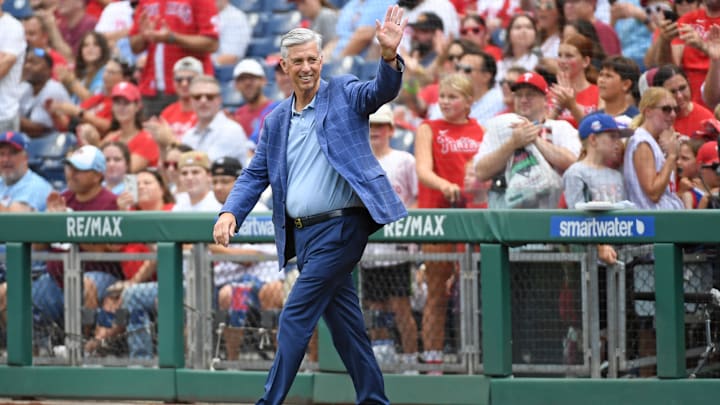 Aug 18, 2024; Philadelphia, Pennsylvania, USA; Former Philadelphia Phillies president Dave Dombrowski during Phillies Alumni Weekend and the 20th anniversary of Citizens Bank Park before game against the Washington Nationals at Citizens Bank Park. Mandatory Credit: Eric Hartline-Imagn Images