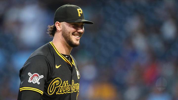 Aug 18, 2025; Pittsburgh, Pennsylvania, USA;  Pittsburgh Pirates starting pitcher Paul Skenes (30) reacts after pitching he fifth inning against the Toronto Blue Jays at PNC Park. Mandatory Credit: Charles LeClaire-Imagn Images