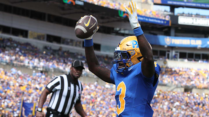 Aug 30, 2025; Pittsburgh, Pennsylvania, USA; Pittsburgh Panthers wide receiver Cataurus Hicks (3) celebrates his touchdown against the Duquesne Dukes during the first quarter at Acrisure Stadium. Mandatory Credit: Charles LeClaire-Imagn Images